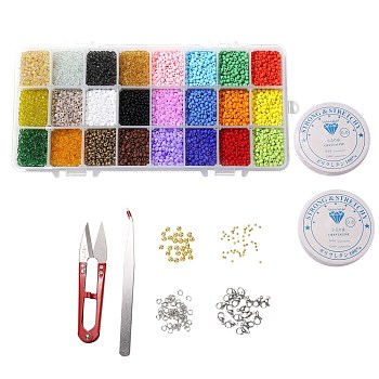 DIY Bracelets Making Kits, include 8/0 Glass Seed Beads, Iron & Alloy Spacer Beads, Elastic Crystal Thread, & Scissors & Tweezers & Lobster Claw Clasps, Mixed Color, Seed Glass: 3mm, Hole: 1mm, 24 colors, 450pcs/color, 10800pcs