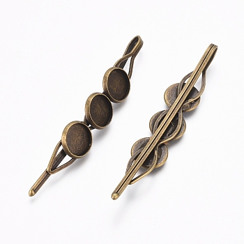 Iron Hair Bobby Findings, with Flat Round Settings, Antique Bronze, Tray: 10mm, 70.5mm