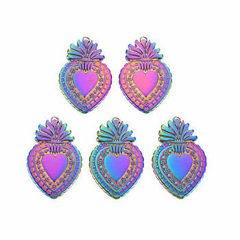 201 Stainless Steel Pendants, Sacred Heart, Rainbow Color, 30x19x1.5mm, Hole: 1.4mm
