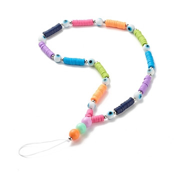 Acrylic Beads and Handmade Polymer Clay Beads Mobile Straps, with Handmade Evil Eye Lampwork Round Bead, 304 Stainless Steel Beads and Braided Nylon Thread, Colorful, 28x0.6cm