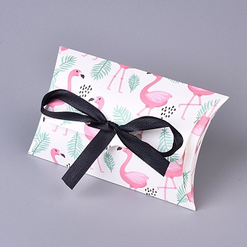 Paper Pillow Candy Boxes, with Ribbon, Wedding Favor Party Supply Gift Boxes, Flamingo Pattern, Colorful, 123x76x25mm