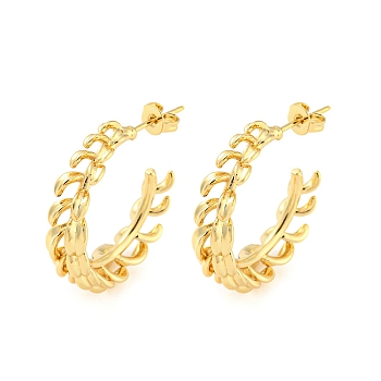 Rack Plating Brass Leafy Branch Stud Earrings, Half Hoop Earrings, Long-Lasting Plated, Cadmium Free & Lead Free, Real 18K Gold Plated, 27x8.5mm
