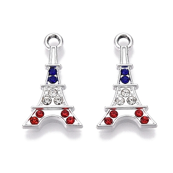 Rack Plating Alloy Pendants, with Rhinestone, Eiffel Tower, Mixed Color, 21.5x12.5x2mm, Hole: 2mm