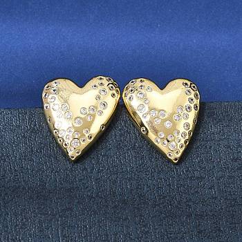 Valentine's Day Brass Clear Cubic Zirconia Stud Earrings for Women, Heart, Golden, 19x16mm
