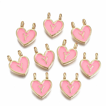Alloy Enamel Charms, Cadmium Free & Lead Free, Heart with Initial Letters, Light Gold, Hot Pink, Letter.Y, 14.5x11.5x4.5mm, Hole: 2mm