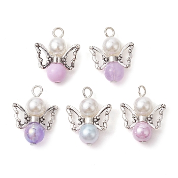 Imitation Pearl Acrylic Pendants, with Alloy Wings and Glass Beads, Angel, Lavender Blush, 23x18x3mm, Hole: 3mm