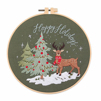 DIY Christmas Theme Embroidery Kits, Including Printed Cotton Fabric, Embroidery Thread & Needles, Plastic Embroidery Hoop, Deer, 200x200mm