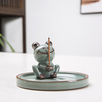 Porcelain Incense Burners, Flat Round with Frog Incense Holders, Home Office Teahouse Zen Buddhist Supplies, Dark Sea Green, 100x60mm