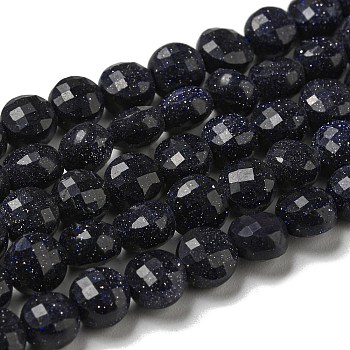 Synthetic Blue Goldstone Beads Strands, Faceted, Flat Round, 5~6x4~4.5mm, Hole: 0.9mm, about 65pcs/strand, 15.12''~15.20''(38.4~38.6cm)