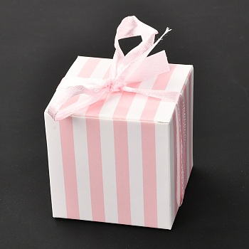 Square Foldable Creative Paper Gift Box, Stripe Pattern with Ribbon, Decorative Gift Box for Weddings, Pink, 55x55x55mm