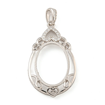 925 Sterling Silver Pendant Cabochon Settings, Prong Settings, with Cubic Zirconia, Rhinestone Claw Settings, Prong Settings, Oval, Real Platinum Plated, 30x18x6mm, Hole: 3x2mm, Tray: 16x11mm