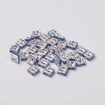 Brass Rhinestone Spacer Beads, Grade A, Silver Color Plated, Square, Light Sapphire, 6x6x3mm, Hole: 1mm