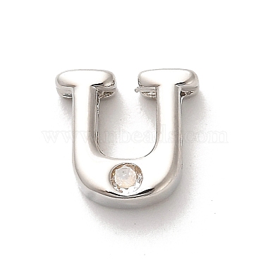 Platinum Clear Letter U Brass+Cubic Zirconia Beads