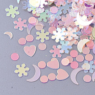 Ornament Accessories, PVC Plastic Paillette/Sequins Beads, Snowflake & Heart & Moon & Flat Round, Flamingo, 3~6x3~5x0.4mm(PVC-N001-11)