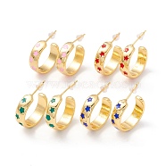 Real 18K Gold Plated Brass Stud Earrings for Women, Star Pattern Enamel Open Hoop Earrings, Rack Plating Half Hoop Earrings, Cadmium Free & Lead Free, Mixed Color, 6x19x2mm, Pin: 1mm, Inner Diameter: 16mm(EJEW-I684-08G-RS)