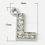 Alloy Letter Pendants, with Grade A Rhinestone, Platinum Color, Crystal, 16~18x12~17x2mm, Hole: 1mm(X-RB-C1416-L)