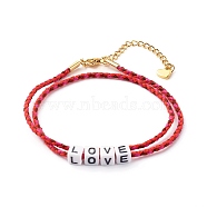 Two Loops Cotton Cord Warp Bracelets, with Cube Acrylic Beads, Word Love, Red, 15-3/8 inch(39cm)(BJEW-JB06465-03)