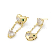 Colorful Cubic Zirconia Heart Tassel Dangle Stud Earrings, Rack Plating Brass Asymmetrical Earrings for Women, Cadmium Free & Lead Free, Real 18K Gold Plated, 30~35mm, Pin: 0.6mm(EJEW-I277-19G)
