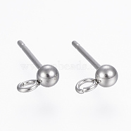 304 Stainless Steel Stud Earring Findings, with Loop, Round, Stainless Steel Color, 14x3mm, Hole: 2mm, Pin: 0.8mm, Round: 3mm(X-STAS-H410-10P)