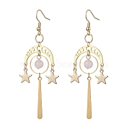 304 & 201 Stainless Steel Dangle Earrings, with Natural Rose Quartz Beads and Brass Earring Hooks, Moon with Star, Golden, 80x23.5mm(EJEW-TA00437)