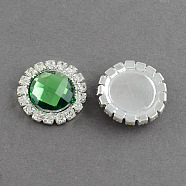 Shining Flat Back Faceted Half Round Acrylic Rhinestone Cabochons, with Grade A Crystal Rhinestones and Brass Cabochon Settings, Silver Color Plated Metal Color, Green, 18x5.5mm(RB-S020-07-B17)