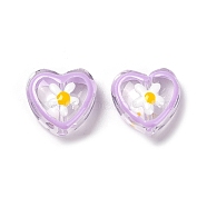 Transparent Glass Beads, with Enamel, Heart with Flower Pattern, Plum, 12x12x6.5mm, Hole: 0.9mm(X1-GLAA-C026-03C)