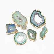 Natural Druzy Agate Pendants, with Golden Tone Iron Findings, Dyed, Nuggets, Dark Cyan, 20~60x13~50x4~8mm, Hole: 1~4mm(G-Q494-65H-G)
