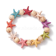 Beach Starfish Dyed Synthetic Turquoise Stretch Bracelets, Summer Wood Beaded Kid Bracelets for Girls, Colorful, Inner Diameter: 1-3/4 inch(4.32~4.55cm), Bead: 7x8~8.5mm, Starfish: 14x14mm(BJEW-JB10294-02)