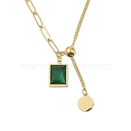 304 Stainless Steel Pave Green Cubic Zirconia Rectangle Pendant Necklaces, Long-Lasting Plated, Real 18K Gold Plated, 18.82 inch(47.8cm), Extender: 58mm, Pendant: 14x10mm(NJEW-N055-13G)