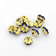 Brass Rhinestone Spacer Beads, Grade A, Rondelle, Golden and Nickel Free, Sapphire, about 8mm in diameter, 3.8mm thick, hole: 1.5mm(RSB030NF-15G)