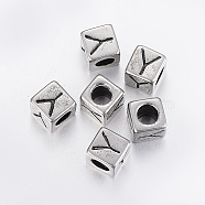 304 Stainless Steel Large Hole Letter European Beads, Cube with Letter.Y, Antique Silver, 8x8x8mm, Hole: 5mm(STAS-H428-01AS-Y)