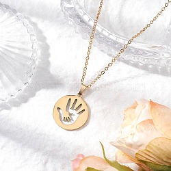Mother's Day 304 Stainless Steel Pendant Necklace, Brass Cable Chain Necklaces for Women, Golden, Disc with Hollow Little and Big Hand, 15.67 inch(39.8cm)(NJEW-TA00194-04)