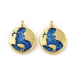 Rack Plating Brass Charms, with Sequins Enamel, Long-Lasting Plated, Lead Free & Cadmium Free, Flat Round with Map Charm, Real 18K Gold Plated, Blue, 13x10x2mm, Hole: 1.5mm(X-KK-R153-09G)