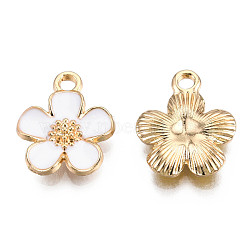 Eco-Friendly Zinc Alloy Pendants, with Enamel, Cadmium Free & Nickel Free & Lead Free, 5- Petal Flower, Light Gold, White, 16x13x3mm, Hole: 1.8mm(FIND-N048-44F-NR)