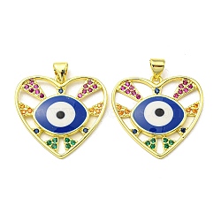 Real 18K Gold Plated Brass Pendants, with Cubic Zirconia and Enamel, Heart with Evil Eye Charms, Blue, 24x25x3mm, Hole: 4.5x3.5mm(KK-L209-011G-04)