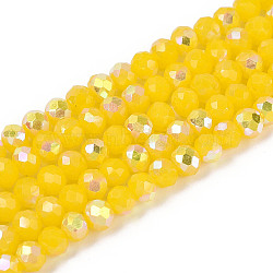 AB Color Plated Opaque Glass Rondelle Beads Strands, Faceted, Gold, 4.5x3.5mm, Hole: 0.7~1mm, about 108~116pcs/strand, 14.76~16.73''(37.5~42.5cm)(EGLA-T029-4mm-09E)