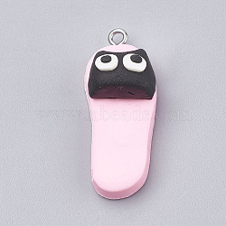 Handmade Polymer Clay Kitten Pendants, with Iron Findings, Slipper with Cat Head Shape, Platinum, Pearl Pink, 34~35x14x12.5mm, Hole: 2mm(CLAY-T012-28)