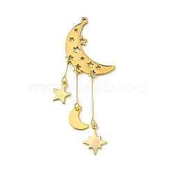 Stainless Steel Pendants, with Brass Charms, Moon, 62.5x22x1mm, Hole: 1.5mm(PALLOY-JF02359-02)