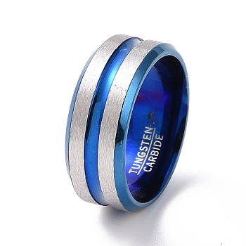 Two Tone 201 Stainless Steel Grooved Line Finger Ring for Women, Blue & Stainless Steel Color, Inner Diameter: 17mm