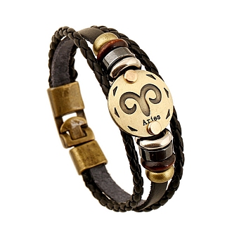 Braided Cowhide Cord Multi-Strand Bracelets, Constellation Bracelet for Men, with Wood Bead & Alloy Clasp, Aries, 7-7/8~8-1/2 inch(20~21.5cm) 