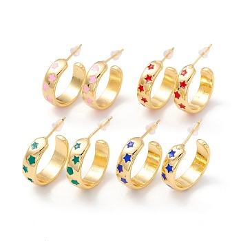 Real 18K Gold Plated Brass Stud Earrings for Women, Star Pattern Enamel Open Hoop Earrings, Rack Plating Half Hoop Earrings, Cadmium Free & Lead Free, Mixed Color, 6x19x2mm, Pin: 1mm, Inner Diameter: 16mm