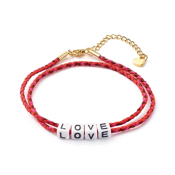 Two Loops Cotton Cord Warp Bracelets, with Cube Acrylic Beads, Word Love, Red, 15-3/8 inch(39cm)