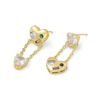 Colorful Cubic Zirconia Heart Tassel Dangle Stud Earrings, Rack Plating Brass Asymmetrical Earrings for Women, Cadmium Free & Lead Free, Real 18K Gold Plated, 30~35mm, Pin: 0.6mm