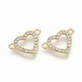 Brass Micro Pave Cubic Zirconia Links connectors, Nickel Free, Heart, Clear, Real 18K Gold Plated, 9.5x13.5x1.5mm, Hole: 1mm