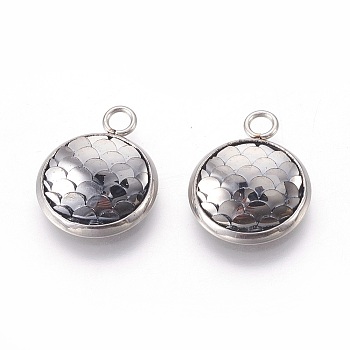 Resin Pendants, with 304 Stainless Steel Finding, Flat Round with Mermaid Fish Scale Shaped, Stainless Steel Color, Light Grey, 18x14x3.5mm, Hole: 2mm