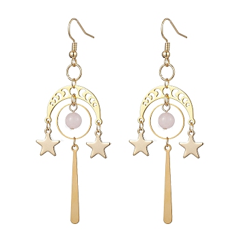 304 & 201 Stainless Steel Dangle Earrings, with Natural Rose Quartz Beads and Brass Earring Hooks, Moon with Star, Golden, 80x23.5mm