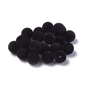 Flocky Acrylic Beads, Round, Black, 11~12mm, Hole: 2.2mm