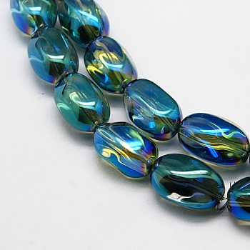 Full Rainbow Plated Crystal Glass Oval Beads Strands, Teal, 21x13mm, Hole: 1mm