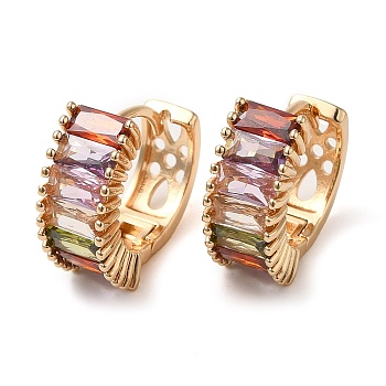 Brass Hoop Earrings for Women, with Colorful Glass, Rectangle, Light Gold, 16.5x18x7.5mm