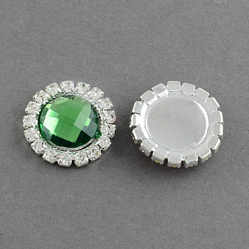 Shining Flat Back Faceted Half Round Acrylic Rhinestone Cabochons, with Grade A Crystal Rhinestones and Brass Cabochon Settings, Silver Color Plated Metal Color, Green, 18x5.5mm